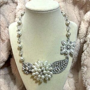 Vintage Glamorous Silver,  Pearls and Crystal Statement Necklace